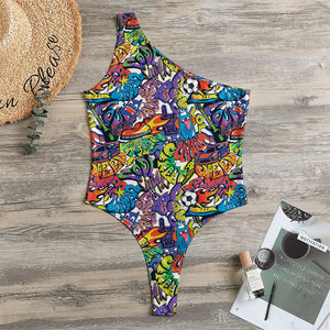 Funky Graffiti Pattern Print One Shoulder Bodysuit