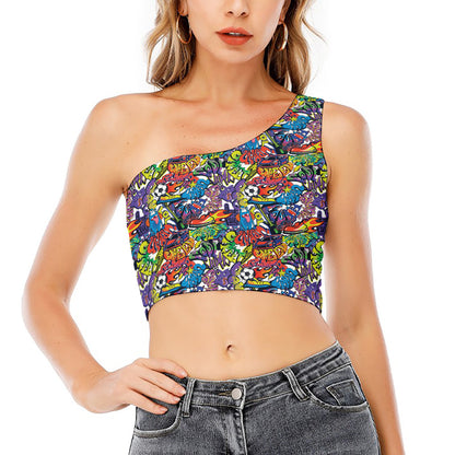Funky Graffiti Pattern Print One Shoulder Crop Top