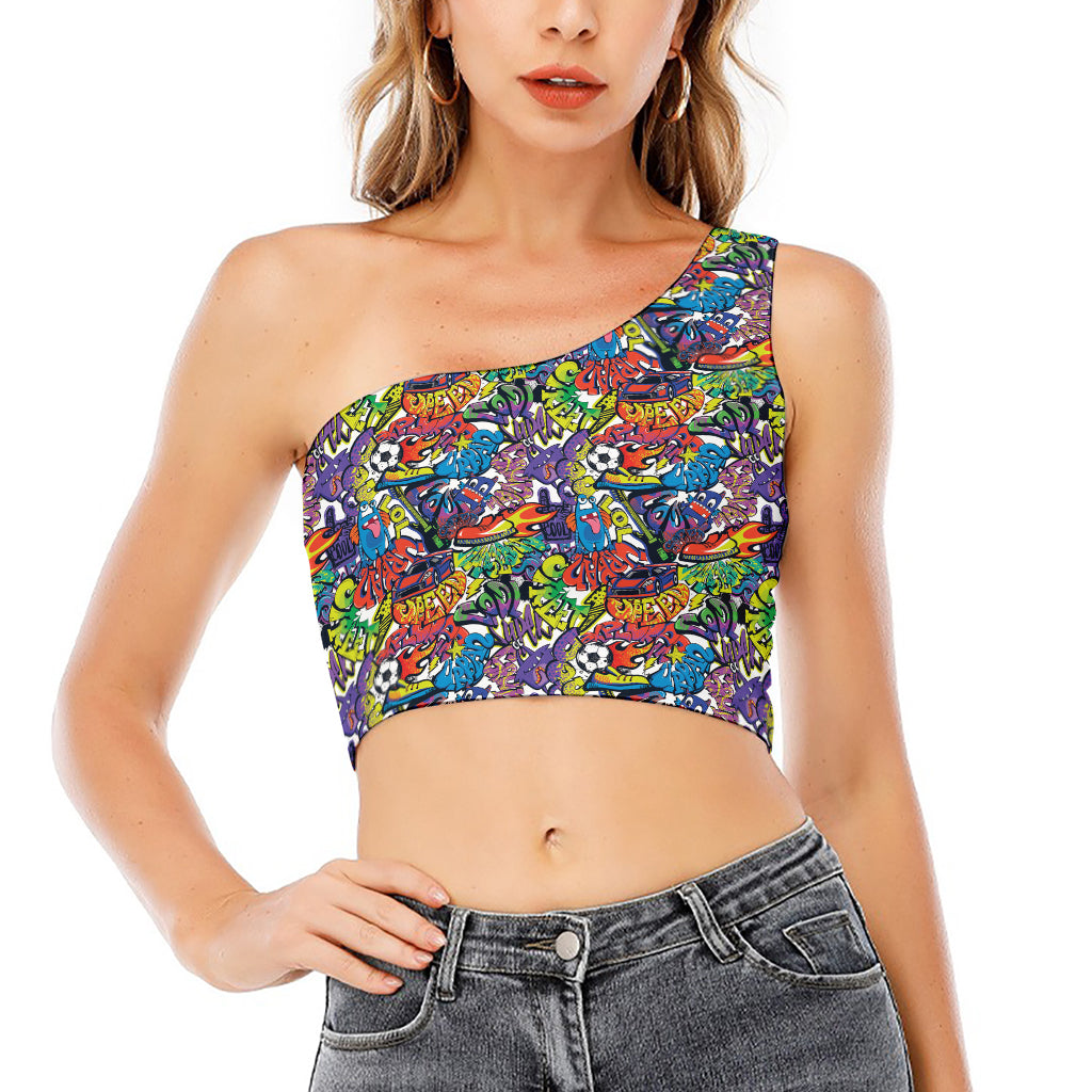 Funky Graffiti Pattern Print One Shoulder Crop Top