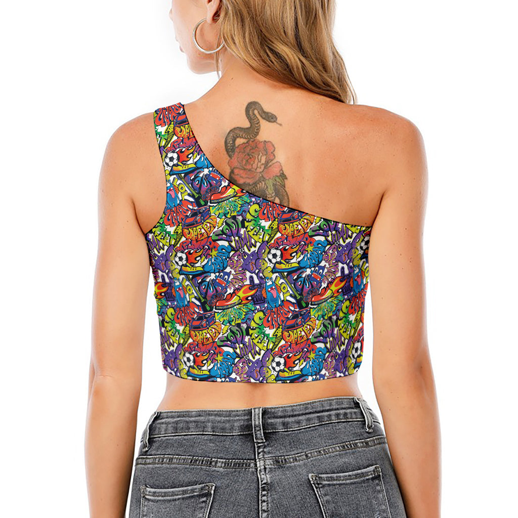 Funky Graffiti Pattern Print One Shoulder Crop Top