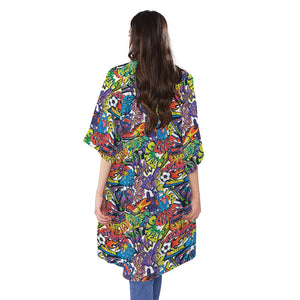 Funky Graffiti Pattern Print Open Front Beach Cover Up