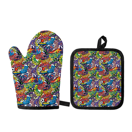 Funky Graffiti Pattern Print Oven Mitt And Pot Holder Set