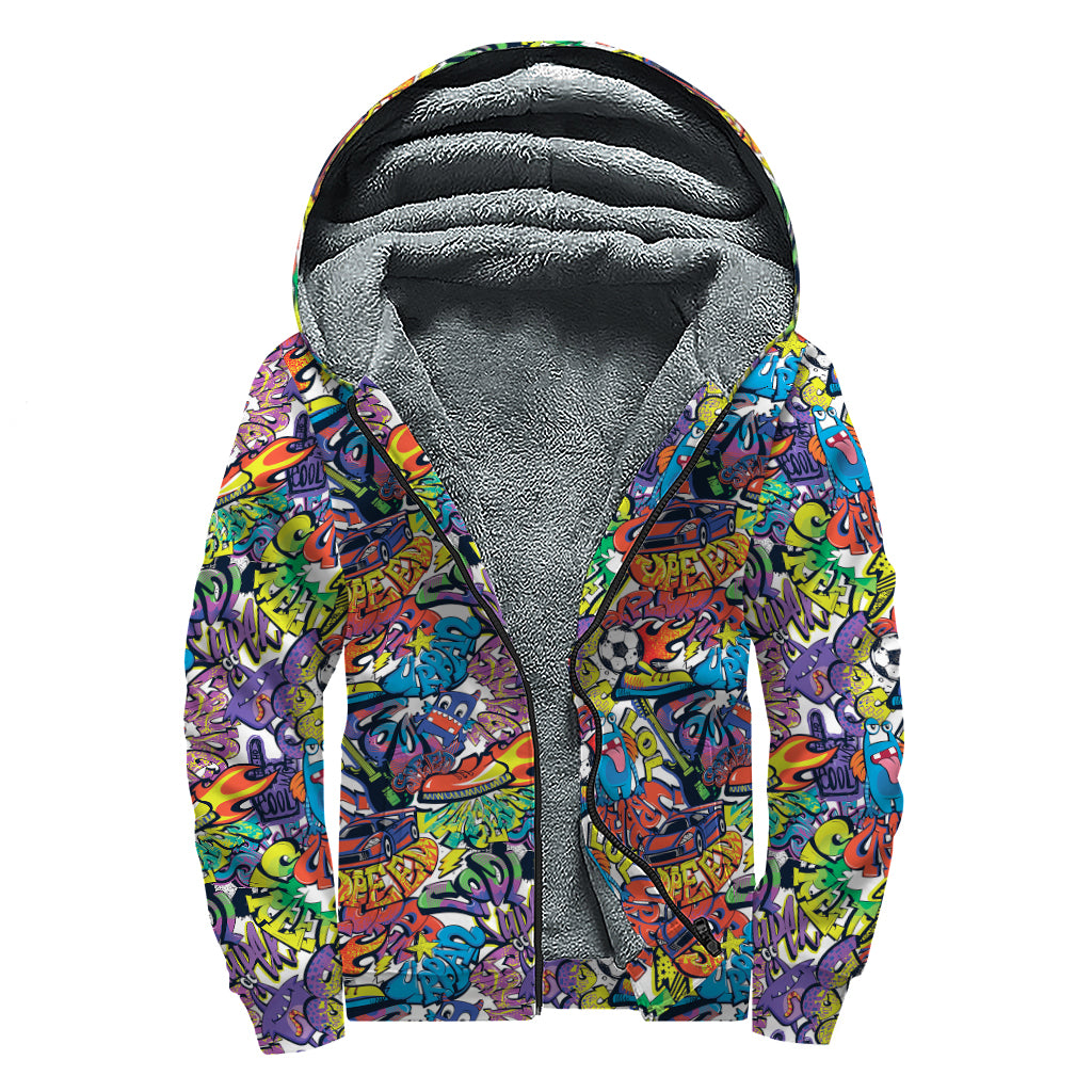 Funky Graffiti Pattern Print Sherpa Lined Zip Up Hoodie