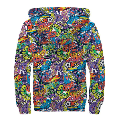 Funky Graffiti Pattern Print Sherpa Lined Zip Up Hoodie