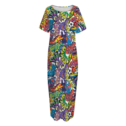 Funky Graffiti Pattern Print Short Sleeve Long Nightdress