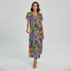 Funky Graffiti Pattern Print Short Sleeve Maxi Dress