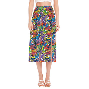 Funky Graffiti Pattern Print Side Slit Midi Skirt