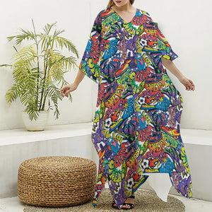 Funky Graffiti Pattern Print Silk V-Neck Kaftan Dress