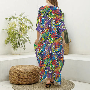 Funky Graffiti Pattern Print Silk V-Neck Kaftan Dress