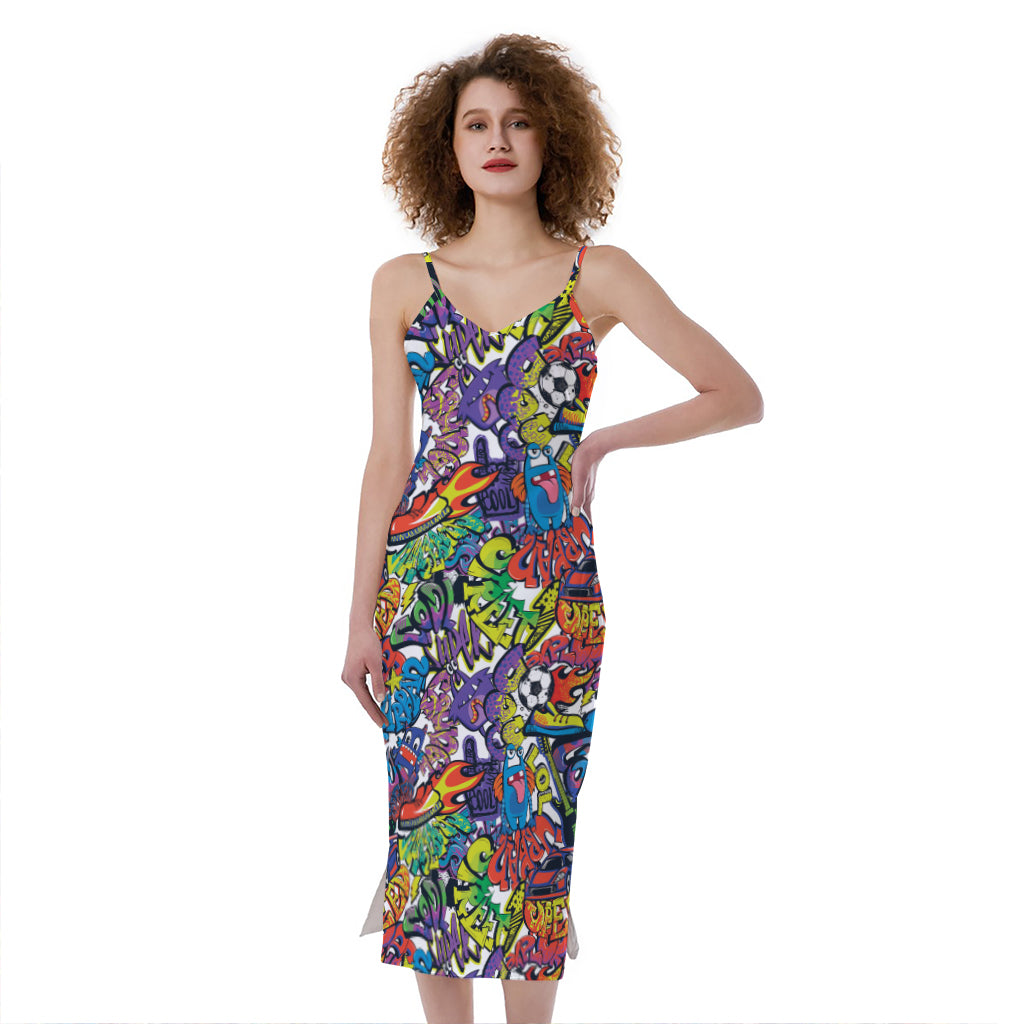 Funky Graffiti Pattern Print Slim Fit Midi Cami Dress