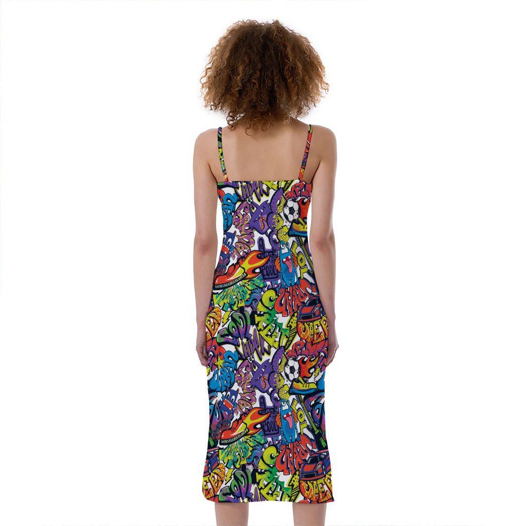 Funky Graffiti Pattern Print Slim Fit Midi Cami Dress