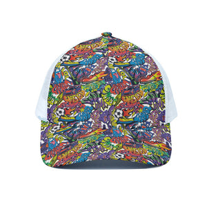 Funky Graffiti Pattern Print White Mesh Trucker Cap