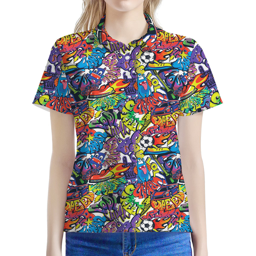Funky Graffiti Pattern Print Women's Polo Shirt