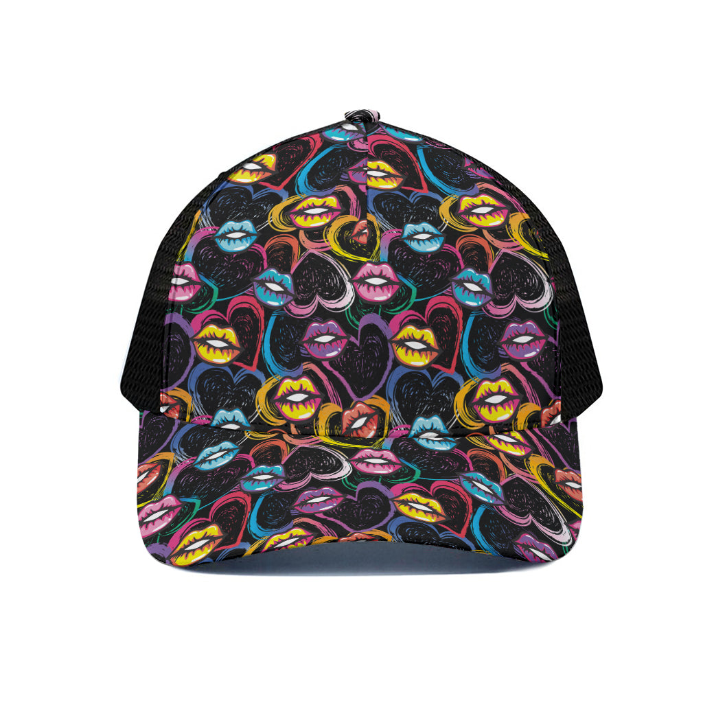 Funky Kiss Lips Pattern Print Black Mesh Trucker Cap