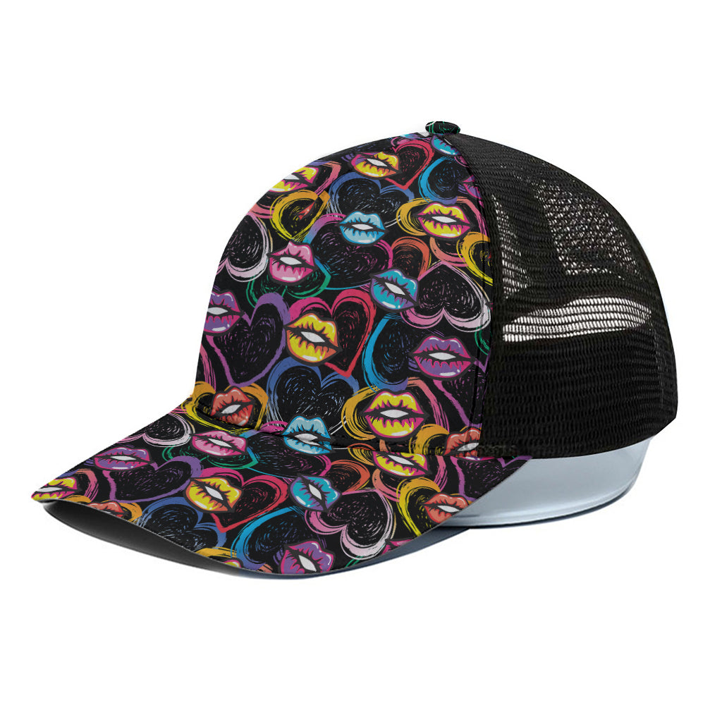 Funky Kiss Lips Pattern Print Black Mesh Trucker Cap