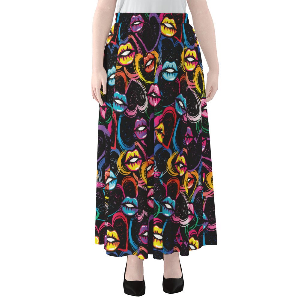 Funky Kiss Lips Pattern Print Chiffon Maxi Skirt