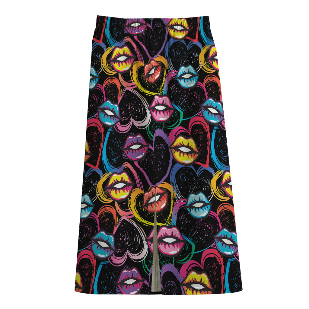 Funky Kiss Lips Pattern Print Cotton Front Slit Maxi Skirt