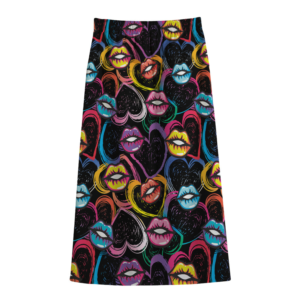 Funky Kiss Lips Pattern Print Cotton Front Slit Maxi Skirt