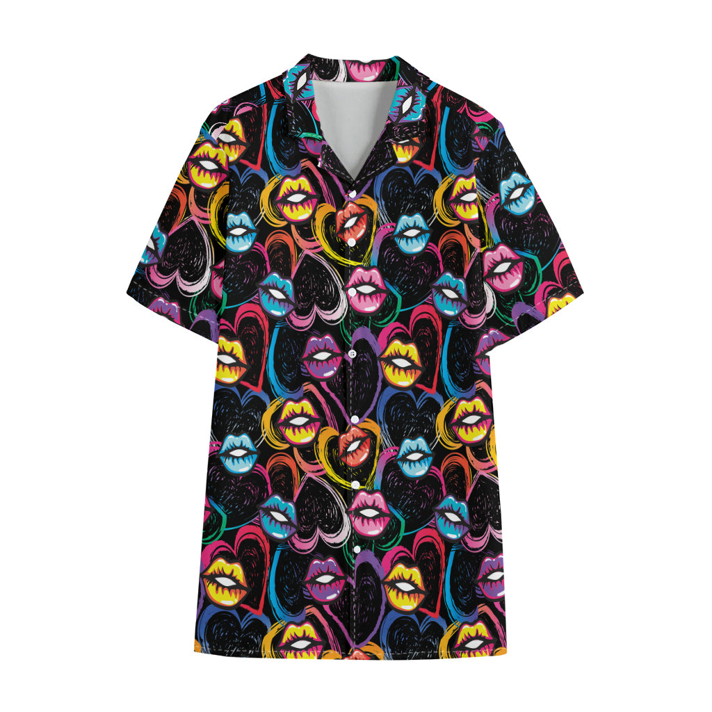Funky Kiss Lips Pattern Print Cotton Hawaiian Shirt