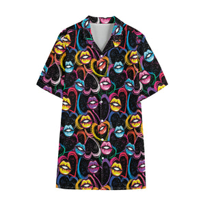 Funky Kiss Lips Pattern Print Cotton Hawaiian Shirt