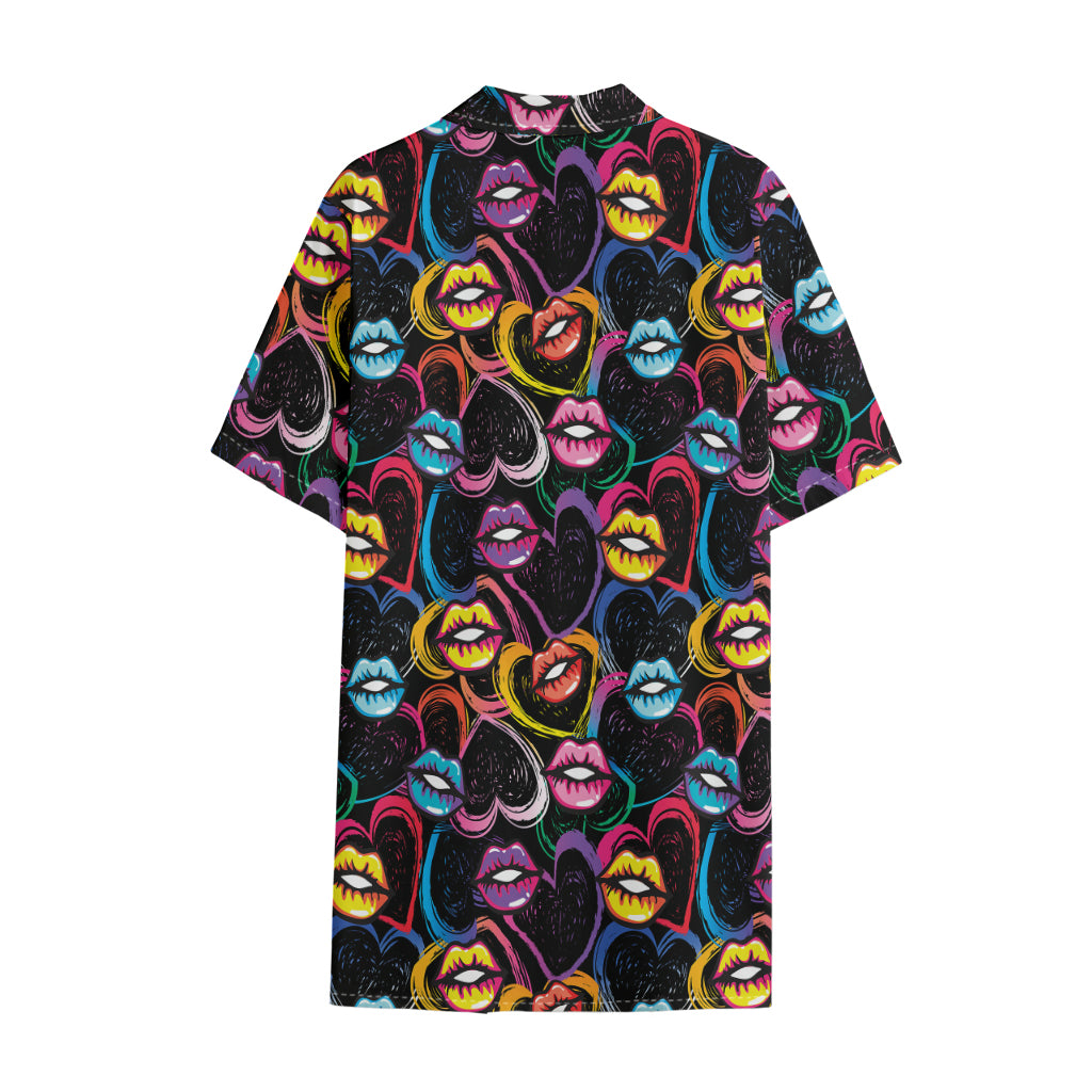 Funky Kiss Lips Pattern Print Cotton Hawaiian Shirt