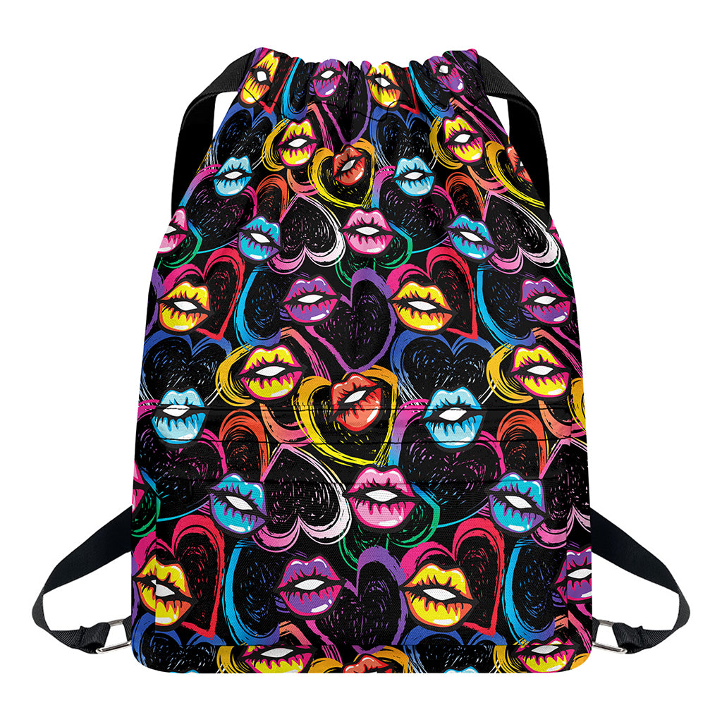 Funky Kiss Lips Pattern Print Drawstring Backpack