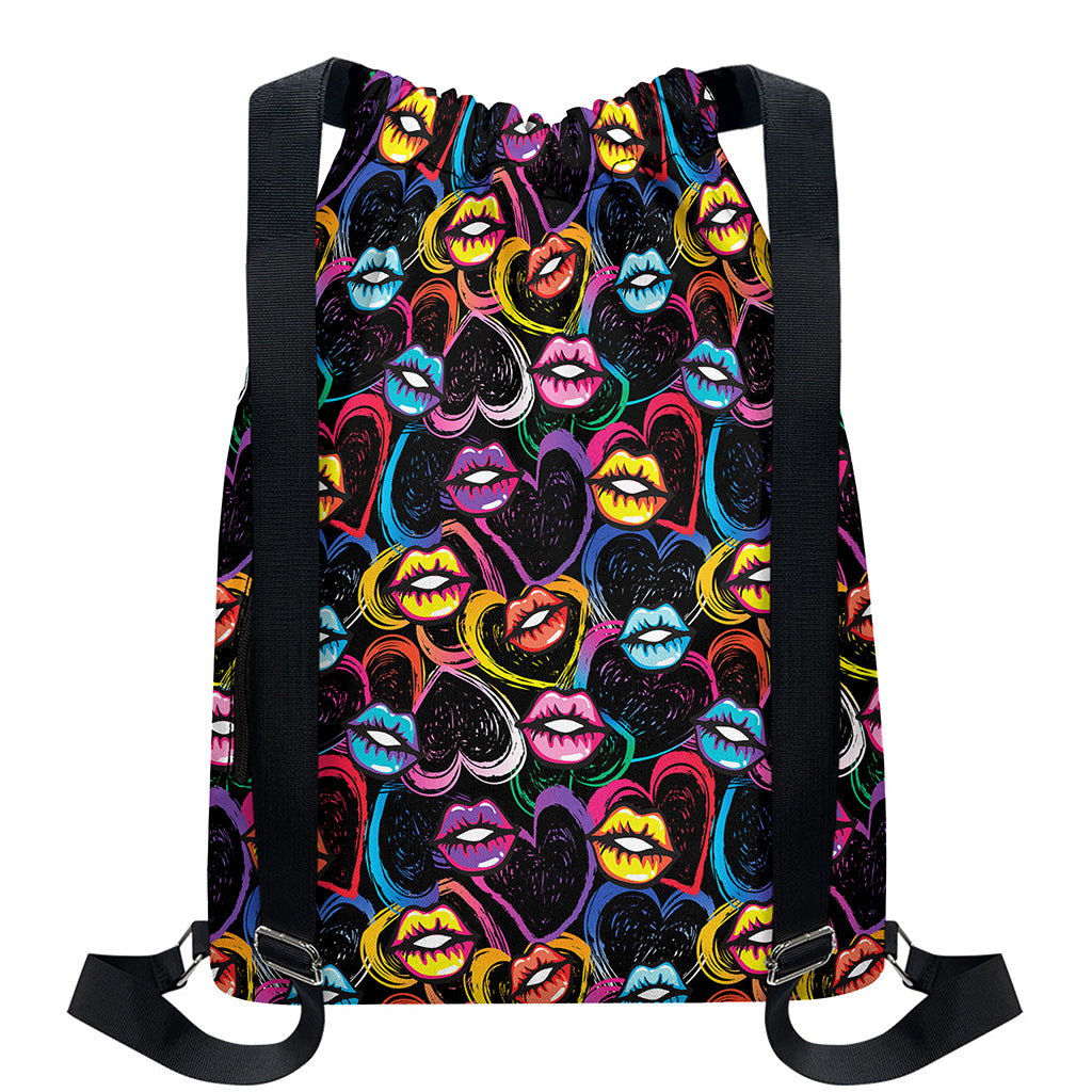 Funky Kiss Lips Pattern Print Drawstring Backpack