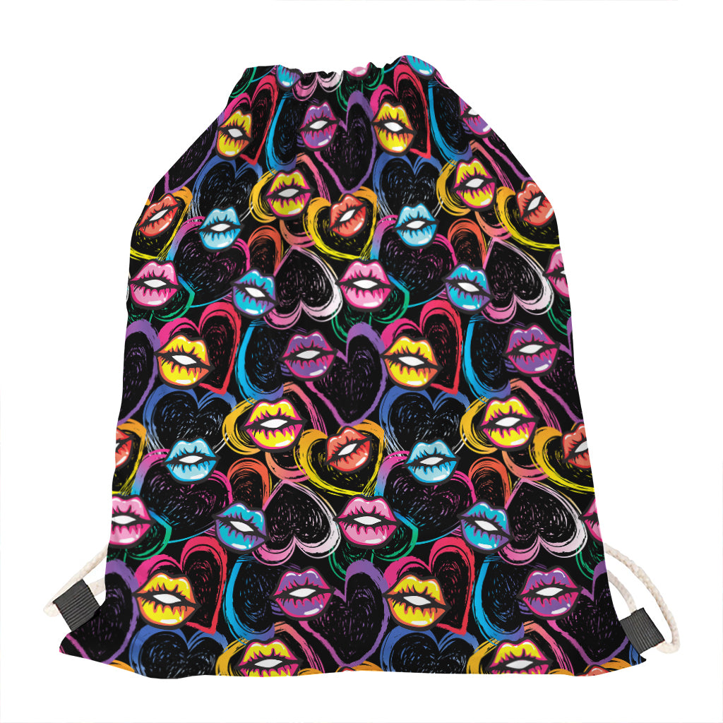 Funky Kiss Lips Pattern Print Drawstring Bag