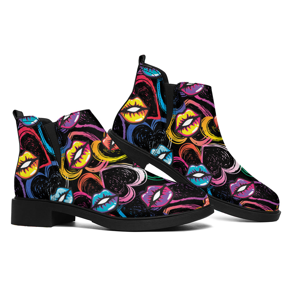 Funky Kiss Lips Pattern Print Flat Ankle Boots