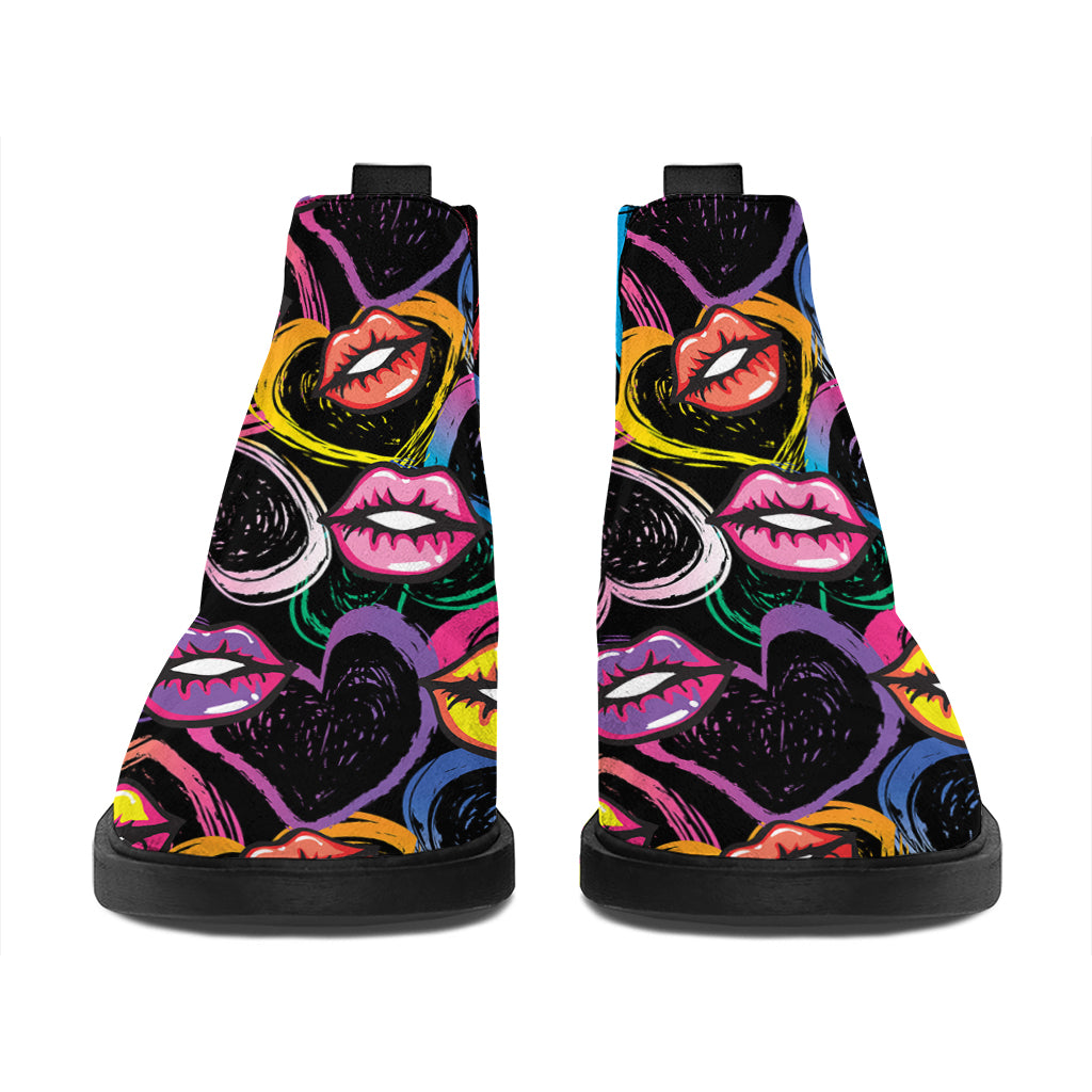 Funky Kiss Lips Pattern Print Flat Ankle Boots