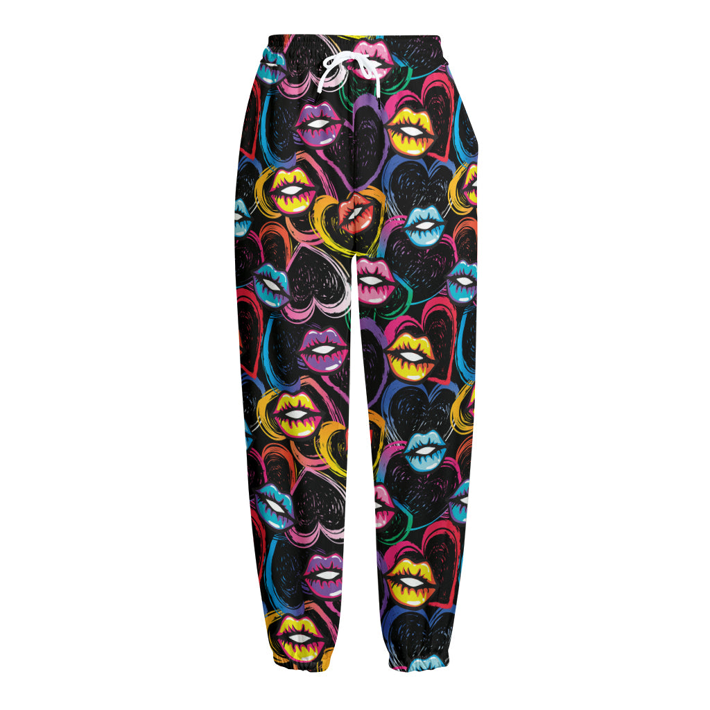 Funky Kiss Lips Pattern Print Fleece Lined Knit Pants