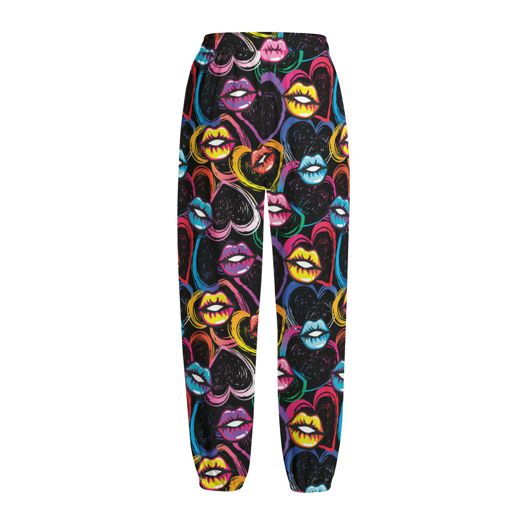 Funky Kiss Lips Pattern Print Fleece Lined Knit Pants