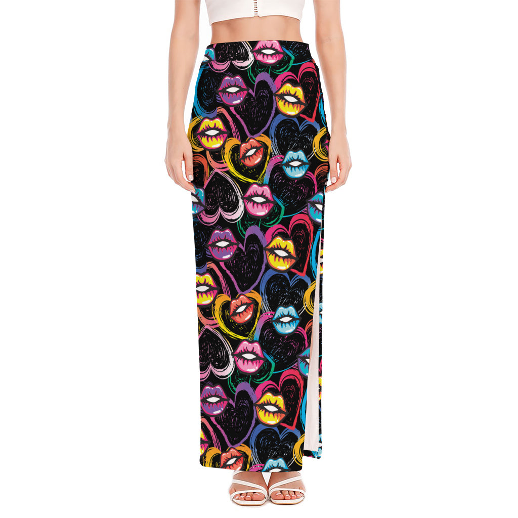 Funky Kiss Lips Pattern Print High Slit Maxi Skirt