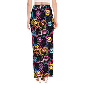 Funky Kiss Lips Pattern Print High Slit Maxi Skirt