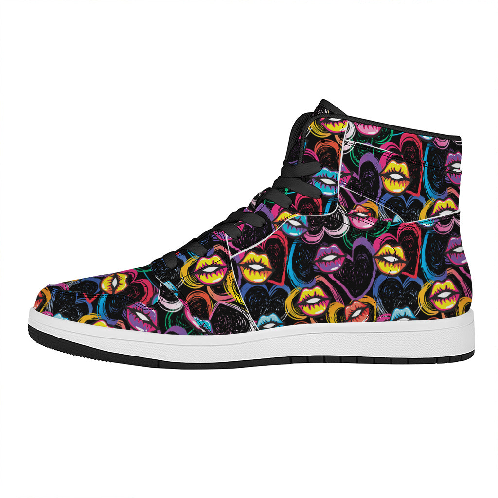 Funky Kiss Lips Pattern Print High Top Leather Sneakers