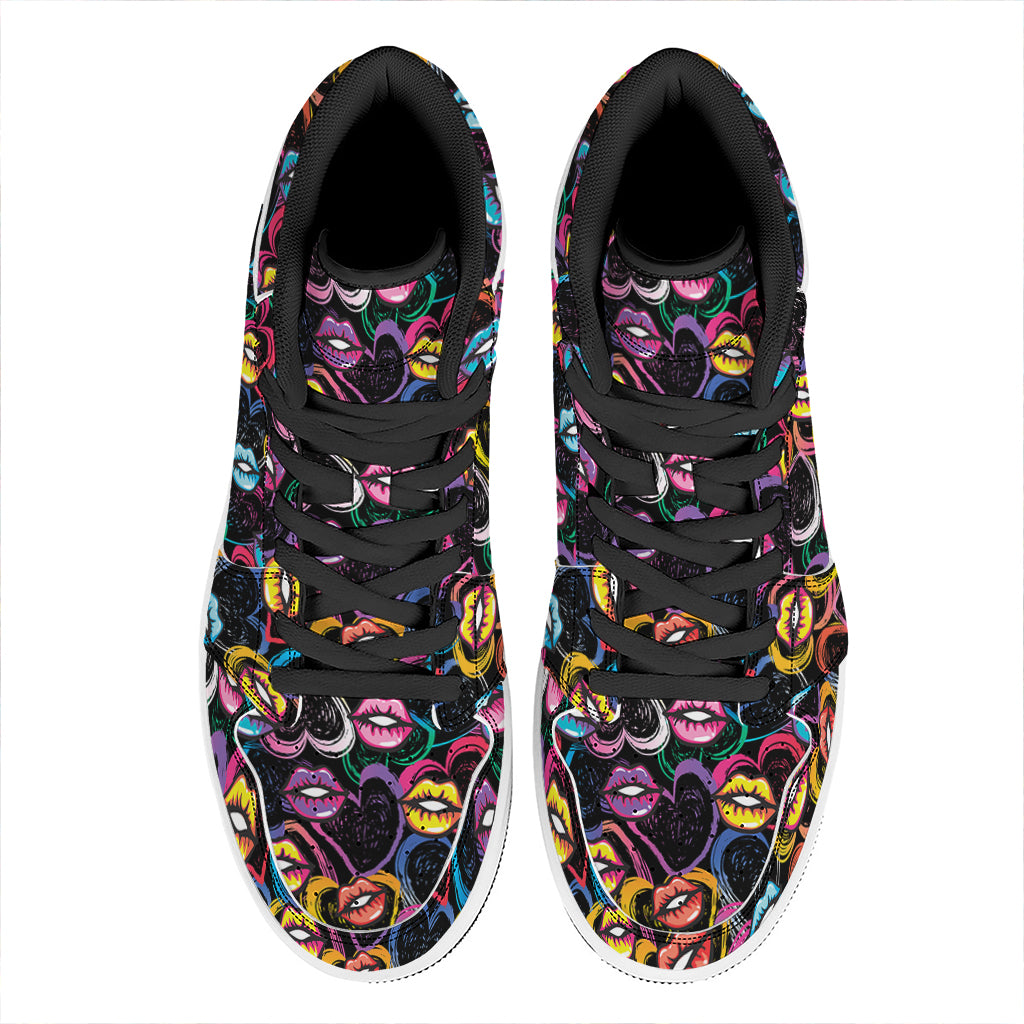 Funky Kiss Lips Pattern Print High Top Leather Sneakers