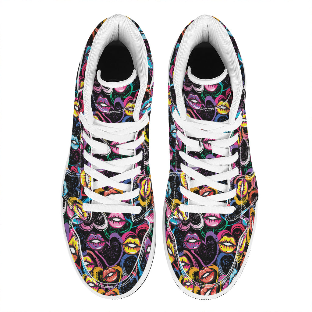 Funky Kiss Lips Pattern Print High Top Leather Sneakers