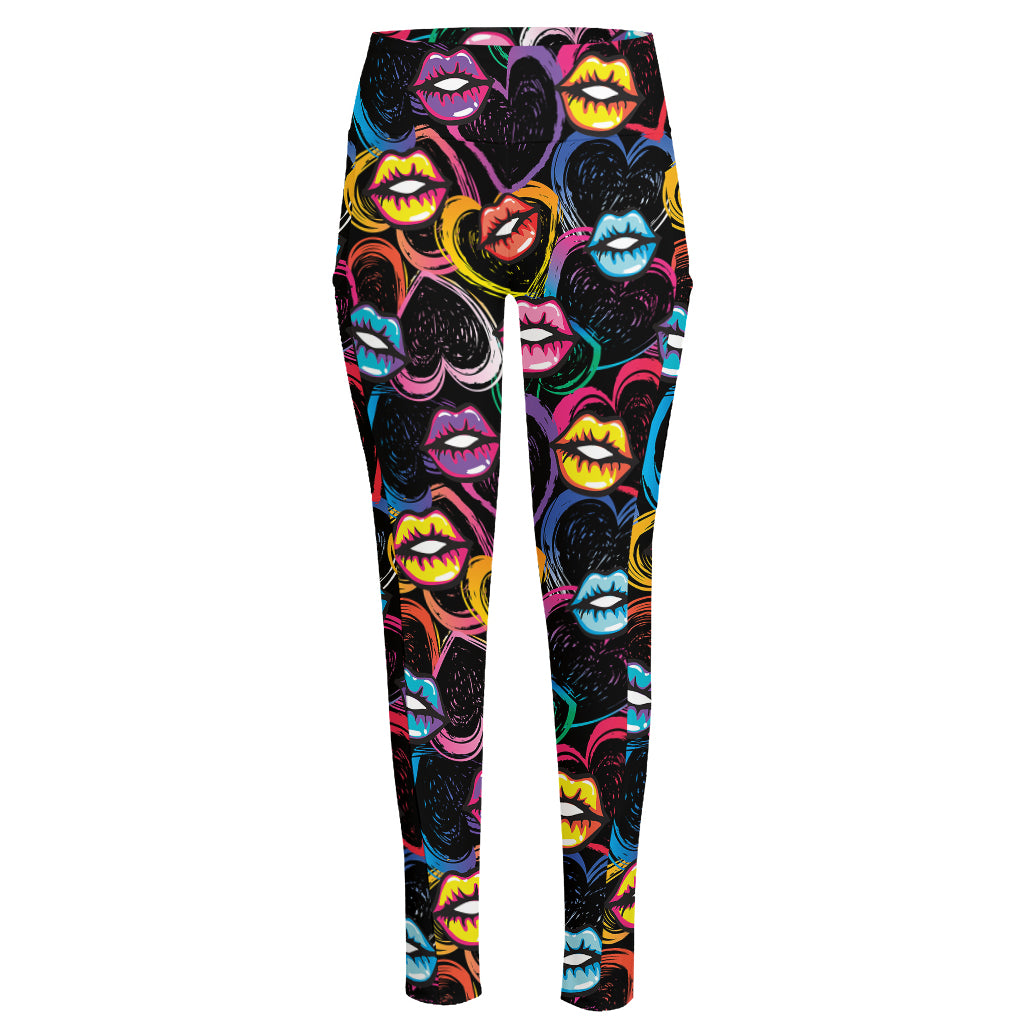 Funky Kiss Lips Pattern Print High-Waisted Pocket Leggings