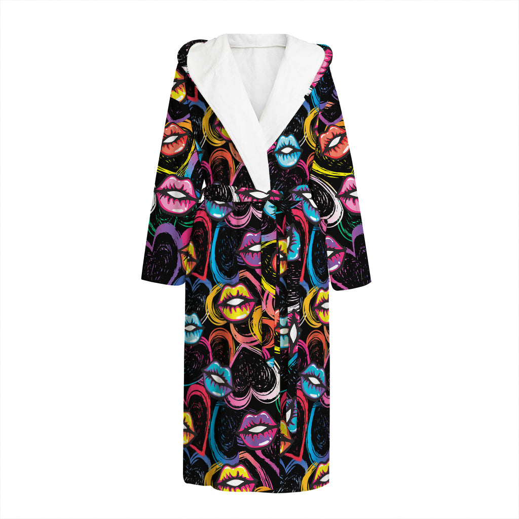 Funky Kiss Lips Pattern Print Hooded Bathrobe