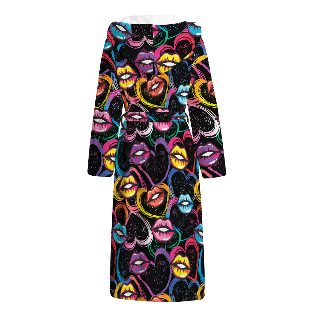 Funky Kiss Lips Pattern Print Hooded Bathrobe