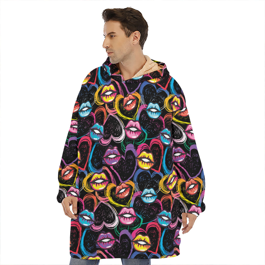 Funky Kiss Lips Pattern Print Hoodie Blanket