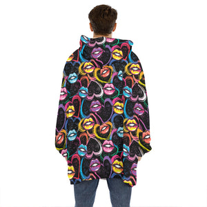 Funky Kiss Lips Pattern Print Hoodie Blanket