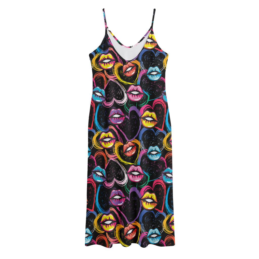 Funky Kiss Lips Pattern Print Jersey Midi Cami Dress