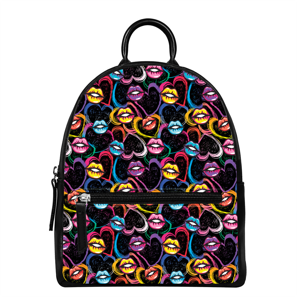 Funky Kiss Lips Pattern Print Leather Backpack