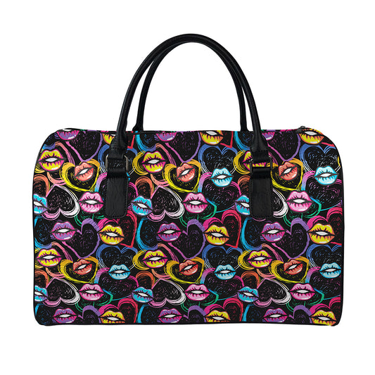 Funky Kiss Lips Pattern Print Leather Duffle Bag
