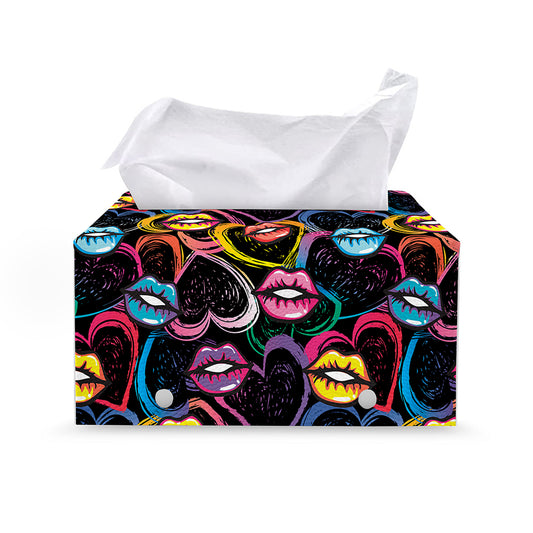 Funky Kiss Lips Pattern Print Leather Tissue Box Cover