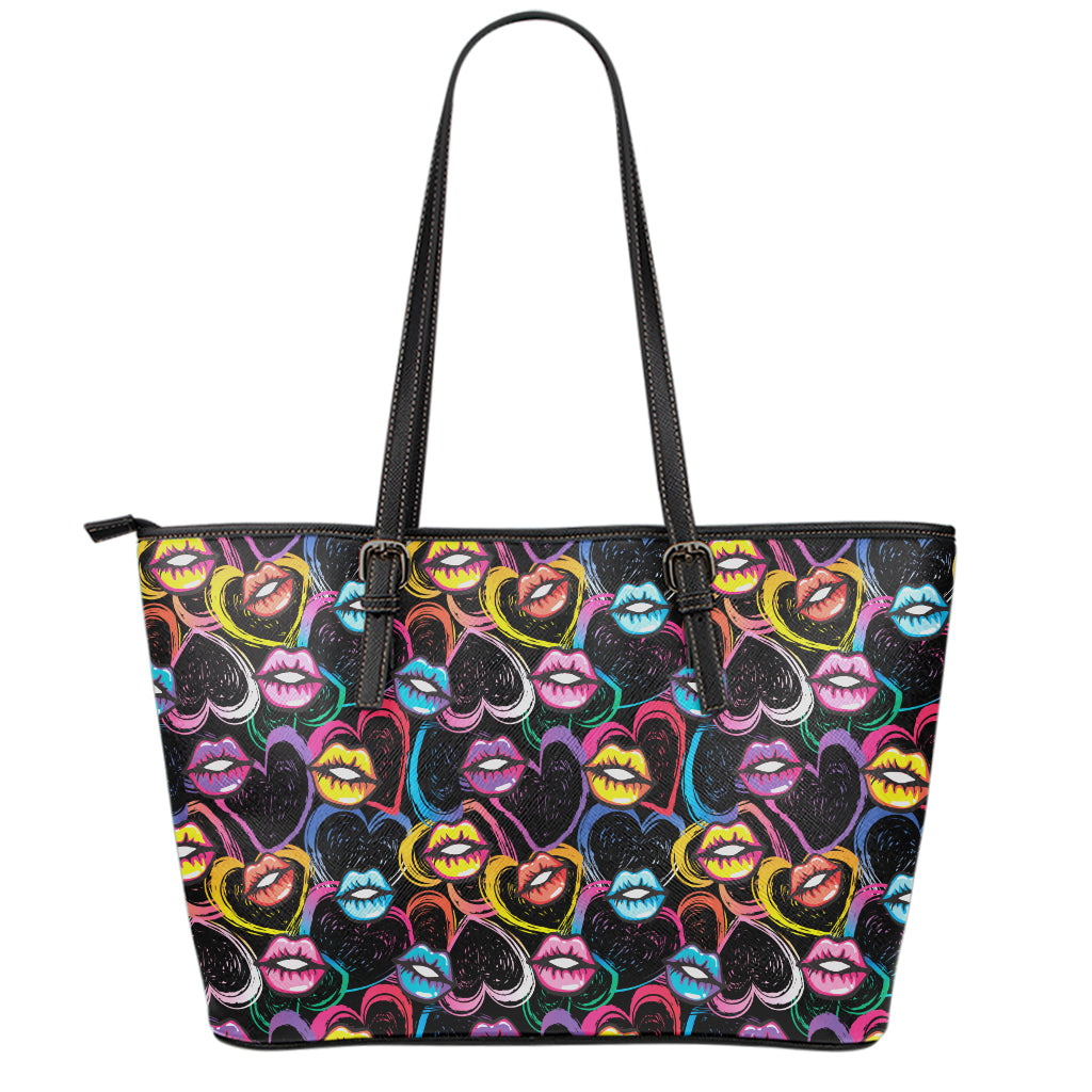 Funky Kiss Lips Pattern Print Leather Tote Bag