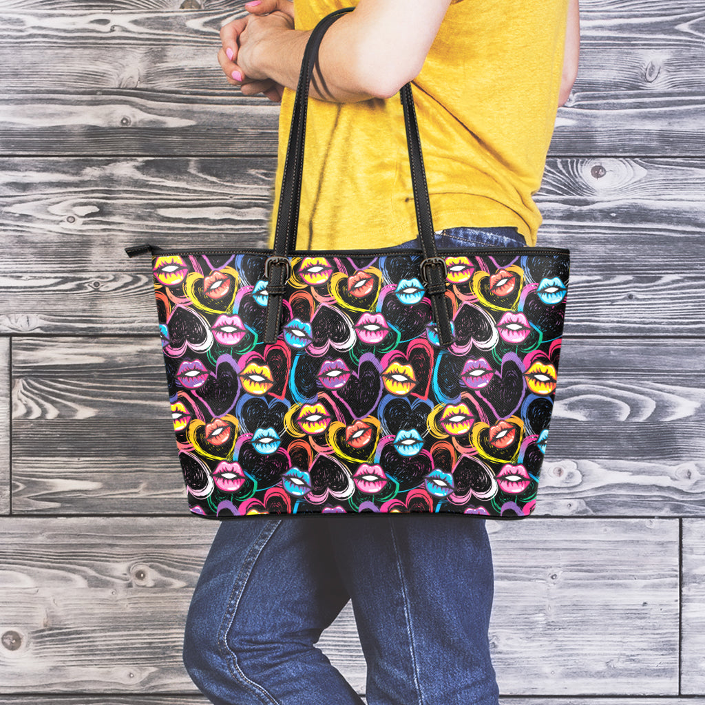 Funky Kiss Lips Pattern Print Leather Tote Bag