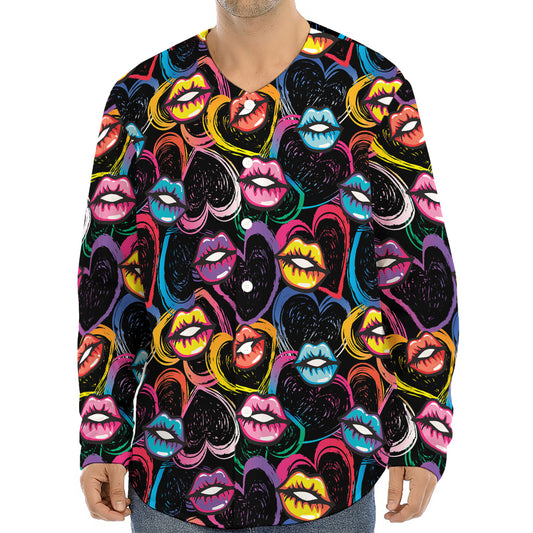 Funky Kiss Lips Pattern Print Long Sleeve Baseball Jersey