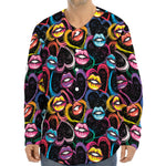 Funky Kiss Lips Pattern Print Long Sleeve Baseball Jersey